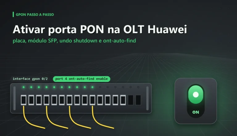 Chave de liga acesa em verde ao lado de uma placa GPON com portas PON iluminadas