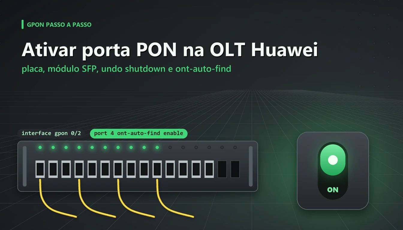 Chave de liga acesa em verde ao lado de uma placa GPON com portas PON iluminadas