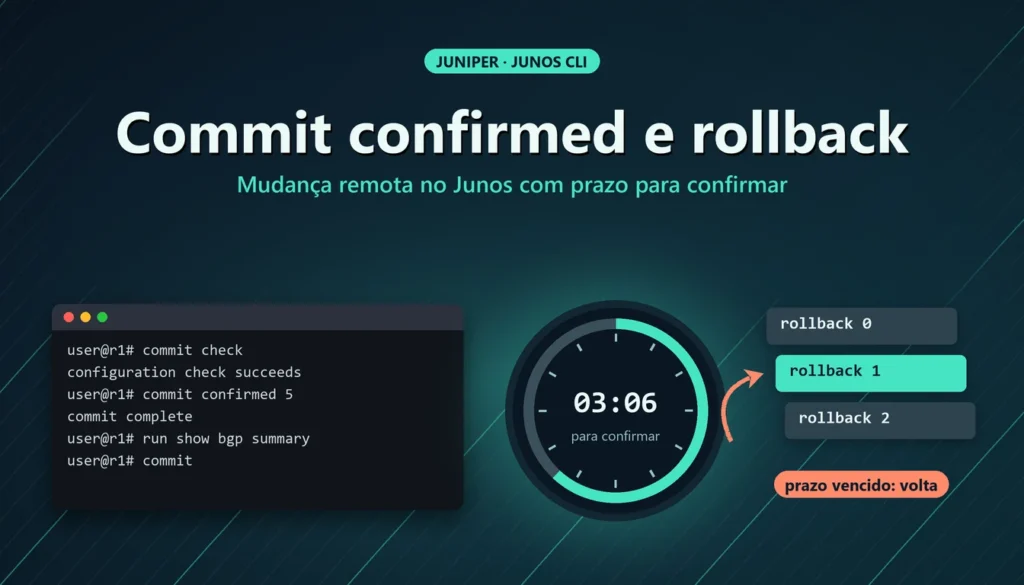 Relógio de contagem regressiva e seta de retorno sobre terminal Junos com commit confirmed
