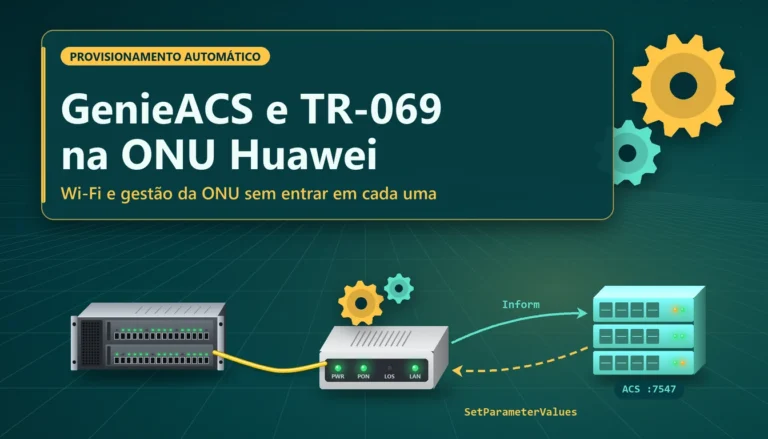 Engrenagens sobre uma ONU Huawei ligada ao servidor ACS, representando o provisionamento por TR-069