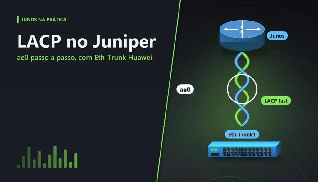Dois cabos de fibra trançados formando um único link ae0 entre um roteador Juniper e um switch
