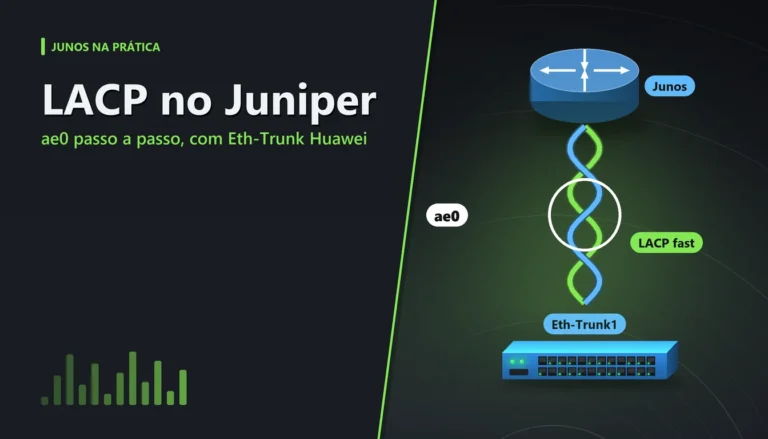 Dois cabos de fibra trançados formando um único link ae0 entre um roteador Juniper e um switch