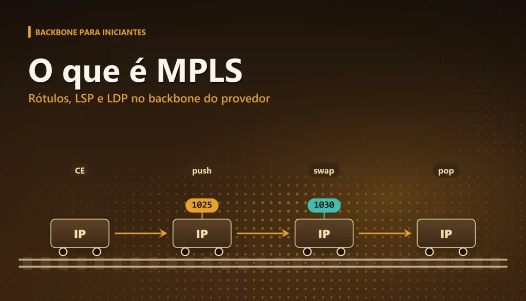 Pacote recebendo etiquetas de rótulo MPLS enquanto percorre um trilho entre roteadores