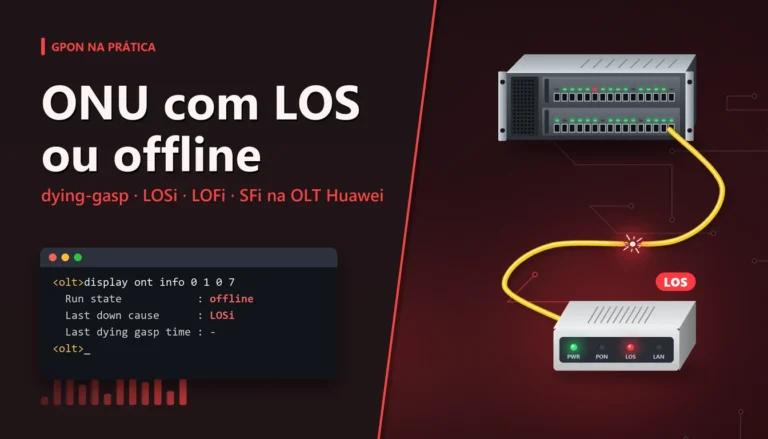 ONU com LOS: LED vermelho aceso, fibra rompida e OLT Huawei ao fundo