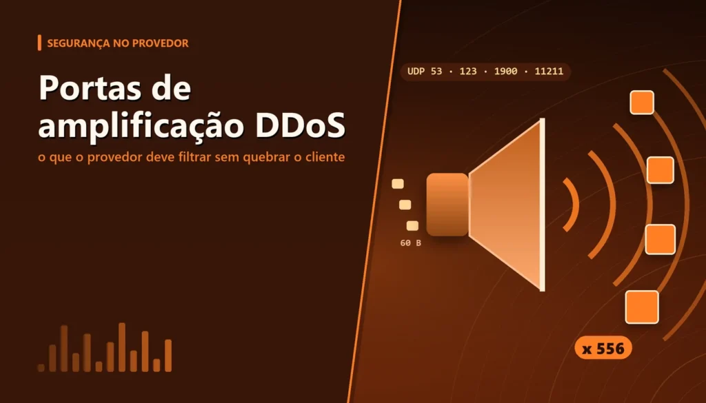 Alto-falante laranja amplificando pequenos pacotes em grandes ondas de tráfego DDoS