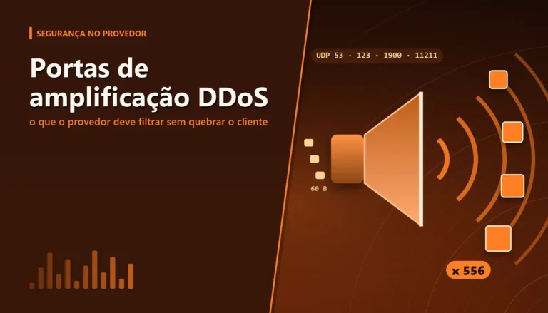 Alto-falante laranja amplificando pequenos pacotes em grandes ondas de tráfego DDoS