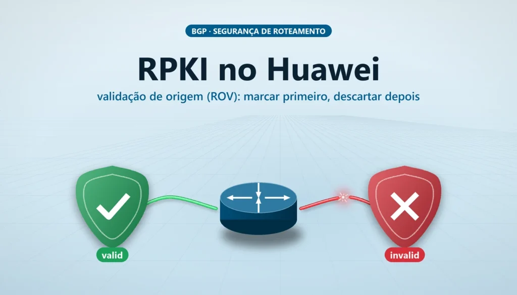Escudos verde e vermelho sobre um roteador de borda, representando rotas válidas e inválidas no RPKI