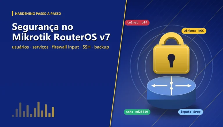 Cadeado sobre um roteador Mikrotik estilizado, representando o hardening do RouterOS v7