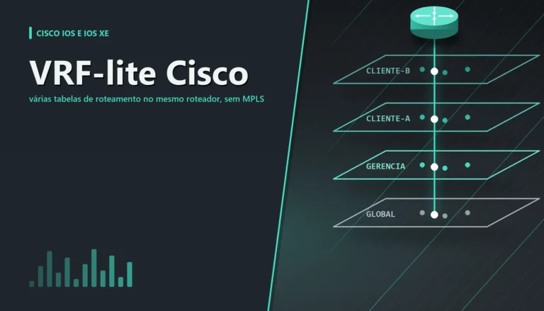 Camadas paralelas em verde-água e grafite representando tabelas de roteamento separadas no Cisco